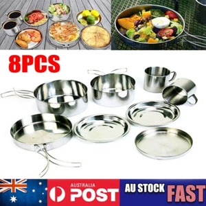 8pcs Camping Cookware Stainless Steel Outdoor Picnic Pot Cook Pan Set Hiking BBQ - Picture 1 of 13