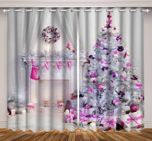 Fireplace Pink Christmas Tree 3D 2 Panels Window Curtains Blockout Drapes Fabric - Picture 1 of 11