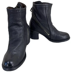 A.S. 98 FLEETWOOD BOOTIE BLACK LEATHER MOTO BIKER ASYMMETRIC ZIPPER 36 US 5.5 - Picture 1 of 13