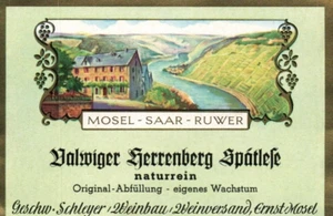 Preciosa etiqueta de vino alemana River Mosel Saar Ruwer Valwiger Herrenberg años 50-60 - Imagen 1 de 2