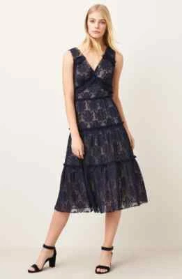 Vestido Midi de Encaje con Niveles Plisados Cóctel MAGGY LONDON Azul Talla 12 $178 Foto 1 de 4
