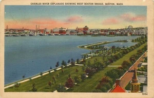 Postal de lino West Boston Bridge Bridge Charles River - Imagen 1 de 2
