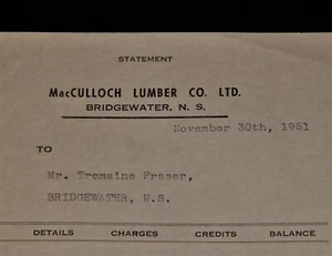 Vintage Receipt, MacCULLOCH LUMBER CO, 1951, Bridgewater, Nova Scotia, Canada - Picture 1 of 3