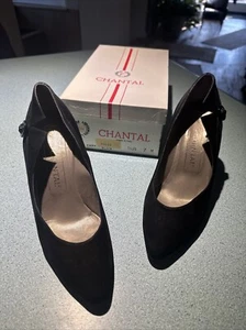 Chantal Italian Black Suede Heels Cocktail Size 7 VTG Boxed 3.25" cone heel VTG - Picture 1 of 12