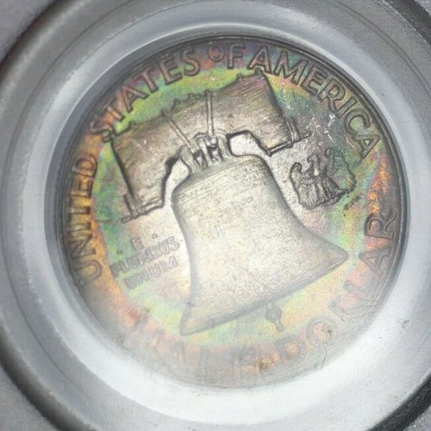 1961-P PCGS 50C Silver Franklin Half Dollar MS64 OGH Rainbow Target Toned Cover