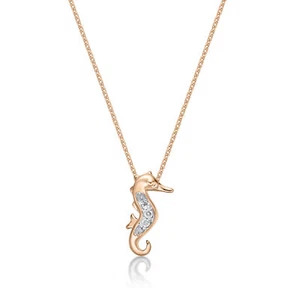 10K Rose Gold Seahorse Mini Pendant with Diamonds - 18 Inches Long Cable Chain - Picture 1 of 10