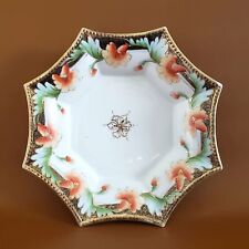 Antique Handpainted Nippon Candy Dish Octagonal Gold Beaded Edge Orange Floral