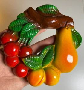 Vintage 1950s 50s Plaster Chalkware Fruit Wall Plaque Pear Cherries Peaches - Picture 1 of 16