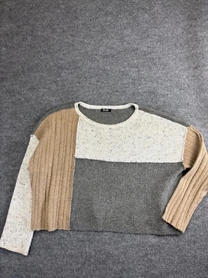 Suéter corto Miss Me para mujer grande gris beige retazos pulóver manga larga Foto 1 de 4