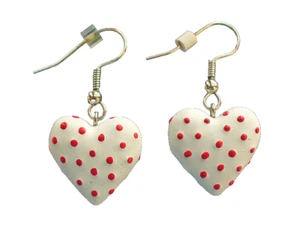 EARRINGS Valentines Vintage HEARTS POLKA DOT Red & White Dangle Pierced Holiday - Picture 1 of 2