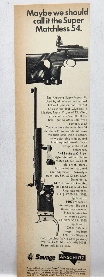 Anuncio impreso de rifle Savage Anschutz Super Match 54 1970 Man Cave Westfield MA AÑOS 70 Foto 1 de 1