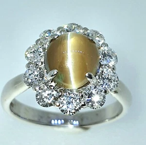 Certified Natural Chrysoberyl Cat's Eye and Diamond Platinum Ring Size US 6.5 - Picture 1 of 5