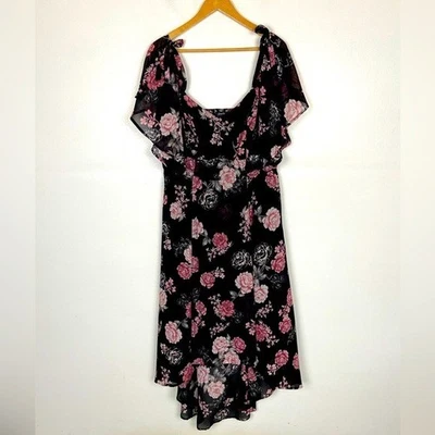 Torrid Chiffon Floral Maxi Dress 2X Black & Pink  Smocked Flutter Sleeves - Image 1 of 4