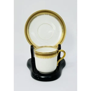 Juego de tazas y platillos D&C Limoges Demitasse adorno dorado crema blanco Francia - Imagen 1 de 8