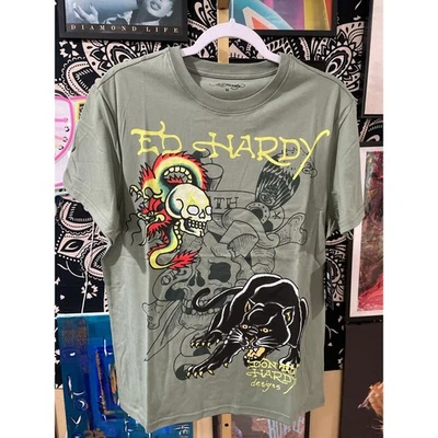 Ed Hardy Y2K Streetwear Dragon Panther Tattoo Short Sleeve Tee Olive Medium - Изображение 1 из 4