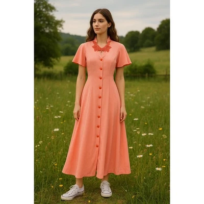 Vintage años 70 D.B.Y. Vestido midi Ltd rojo coral manga acampanada con cuello de encaje talla 3/4 Foto 1 de 4