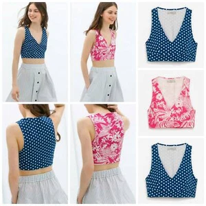 Zara blue polka dot printed v neck denim cotton crop top size M UK 8 10 12 new - Picture 1 of 8