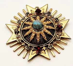 Gestempelt Coro Goldfarbig Kunst Türkis Perlen Strass Medaille Maß Form Anhänger - Bild 1 von 3