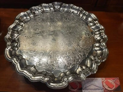 NICE OLD SILVER PARTY SIZED ROCOCO GEORGIAN FOOTED SERVING TRAY WITHOUT MONOS - Image 1 of 4