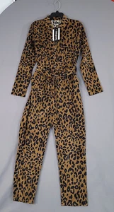 Boohoo Women's Leopard Cord Boiler Jumpsuit Belted Long Sleeve Size 4 - Picture 1 of 16