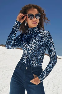 Boston Proper XL Blue Leopard Stretch Knit Jersey Long Sleeve Turtleneck Top - Picture 1 of 7