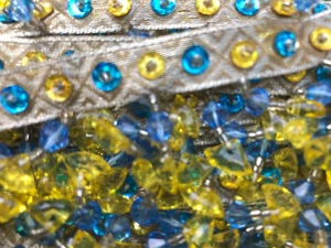 VINTAGE TRIM WITH BEADED BLUE AND YELLOW DANGLES - Picture 1 of 2