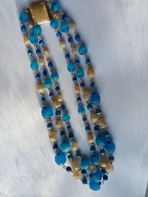 Ancien Collier 3 rangs perles pâte de verre bleu turquoise années 1960/1970 - Photo 1/4