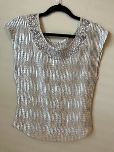Nicola Womens Silver Lacy Blouse Size 1X Textured Stretch Crinkle Vintage Y2K - Picture 1 of 6