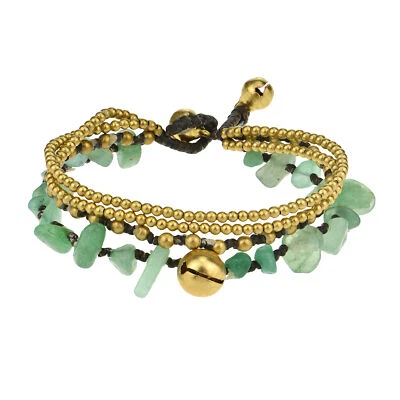 Green Aventurine Multi Strand Brass Beaded Handmade Jingle Bell Bracelet - Image 1 of 4