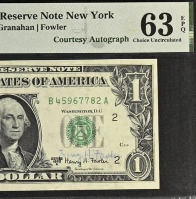 1963A $1 Federal Reserve Note PMG 63EPQ - Courtesy Autograph Henry H. Fowler - Image 1 of 3