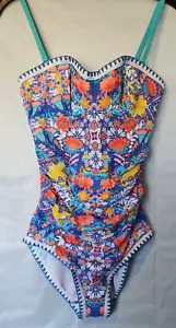 FIGLEAVES Azul Floral Pierna Alta Acanalada Frontal Traje de Baño Traje de Baño 32C NUEVO - Imagen 1 de 2