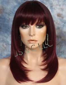 Human hair blend Full Wig Layered Straight bang Heat OK1B-Burgundy PL - Picture 1 of 9