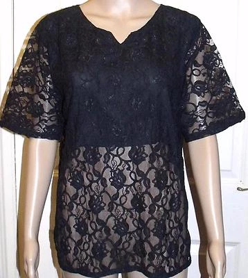 NEW DEBENHAMS SEMI SHEER BLACK LACE PARTY EVENING TOP SIZE 14/16  #500  * - Image 1 of 3