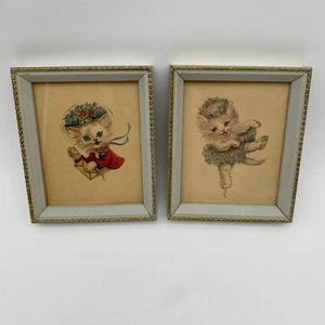 Set 2 50’s Vintage Donald Art Co MCM Framed Kitten Cat Anthropomorphic Ballerina - Picture 1 of 8