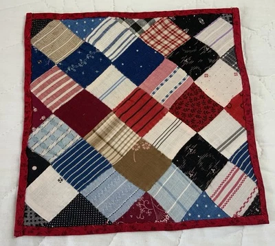 Antique Patchwork Quilt Table Topper, Four Patch, Early Calico Prints, Blue, Red - Image 1 of 4