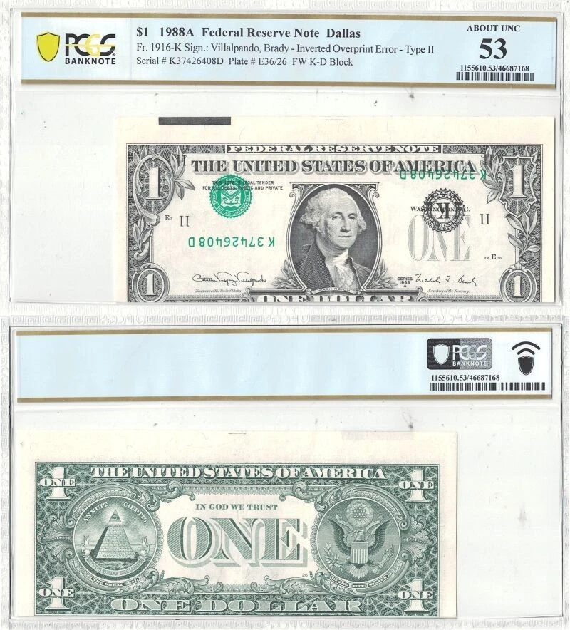 1988-A $1 Federal Reserve Note Inverted Overprint PCGS AU-53 - Image 1 of 1