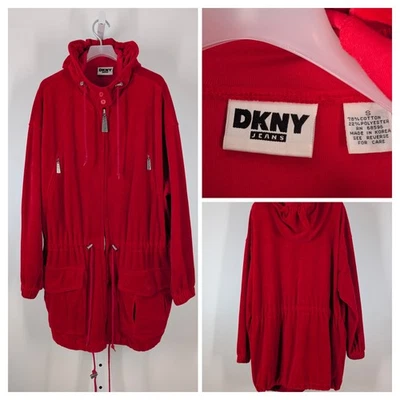 DKNY Vintage 90s Red Velour Parka Hoodie Athleisure Donna Karan Collection Small - Image 1 of 4