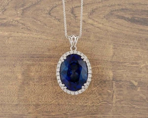 3CT Oval Cut Lab Created Sapphire Women's Chain Pendant 14K White Gold Finish - Picture 1 of 4