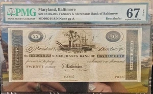 Farmers & Merchants Bank Of Baltimore Maryland $20 1810s-20s Remainder GEM UNC67 - Picture 1 of 6