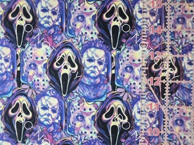 Custom 100% Cotton Woven Fabric Horror Movie Faces Purple By The 1/4 Yard 9x56 - Image 1 of 2