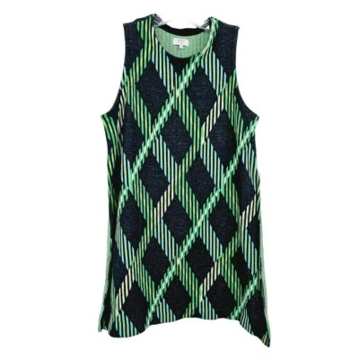 Crown Ivy Side Slit Tunic Top XS Blue Green Thick Knit Diamond Stripe Pullover - Image 1 of 4