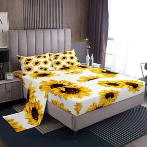 Sunflower Bed Sheets Set Queen Size 3D Floral Botanical Sheet Set Yellow Flow... - Picture 1 of 6