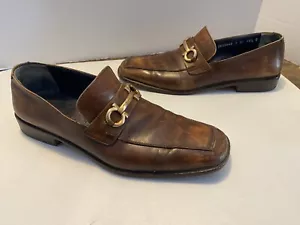 SALVATORE FERRAGAMO Brown Leather Shoes With Gold Buckle Size 10.5 D Men’s - Picture 1 of 14
