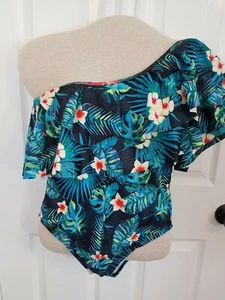 Etosell One Piece Swimsuit One Shoulder Ruffled Tropical Print Size Small - Bild 1 von 6