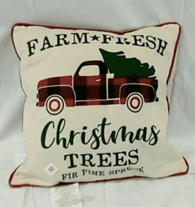 Almohada de Navidad con camión y árbol rojo a cuadros vintage 18X18 - Imagen 1 de 5