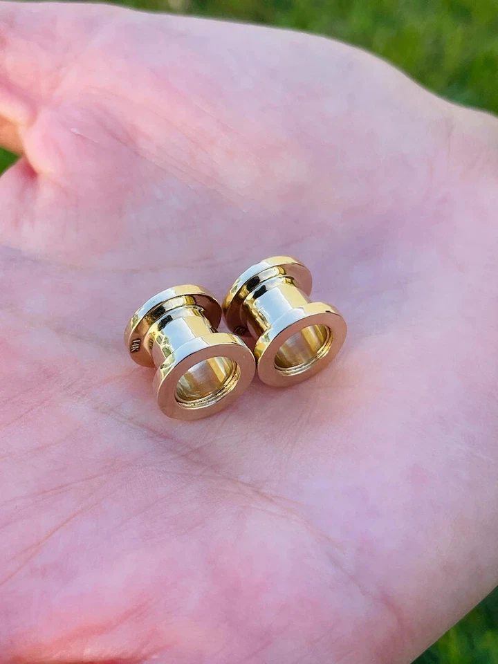 14k Solid Gold Gauges Ear Plugs Double Flared Screw Fit Flesh Tunnels w/ Diamond - Image 1 of 4