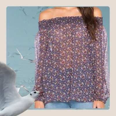 Blusa Joie Seda Chifón Azzedine Hombro Descubierto Cuello Calzoncillo Estampado Azul Para Mujer’s M Foto 1 de 4