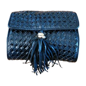 Aspects New York VINTAGE Handbag BLACK LEATHER Woven CLUTCH Tassel EMBOSSED Gold - Picture 1 of 8