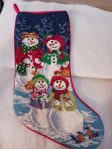VINTAGE NADELSPITZE WEIHNACHTSSTRUMPF - SCHNEEMANNFAMILIE - WOLLE mit SAMTIGER RÜCKSEITE - Bild 1 von 16