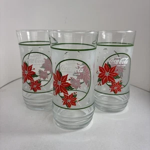 VINTAGE COCA COLA CHRISTMAS DRINKING GLASS POINSETTIA & TOY DESIGN set of 3 - Picture 1 of 4